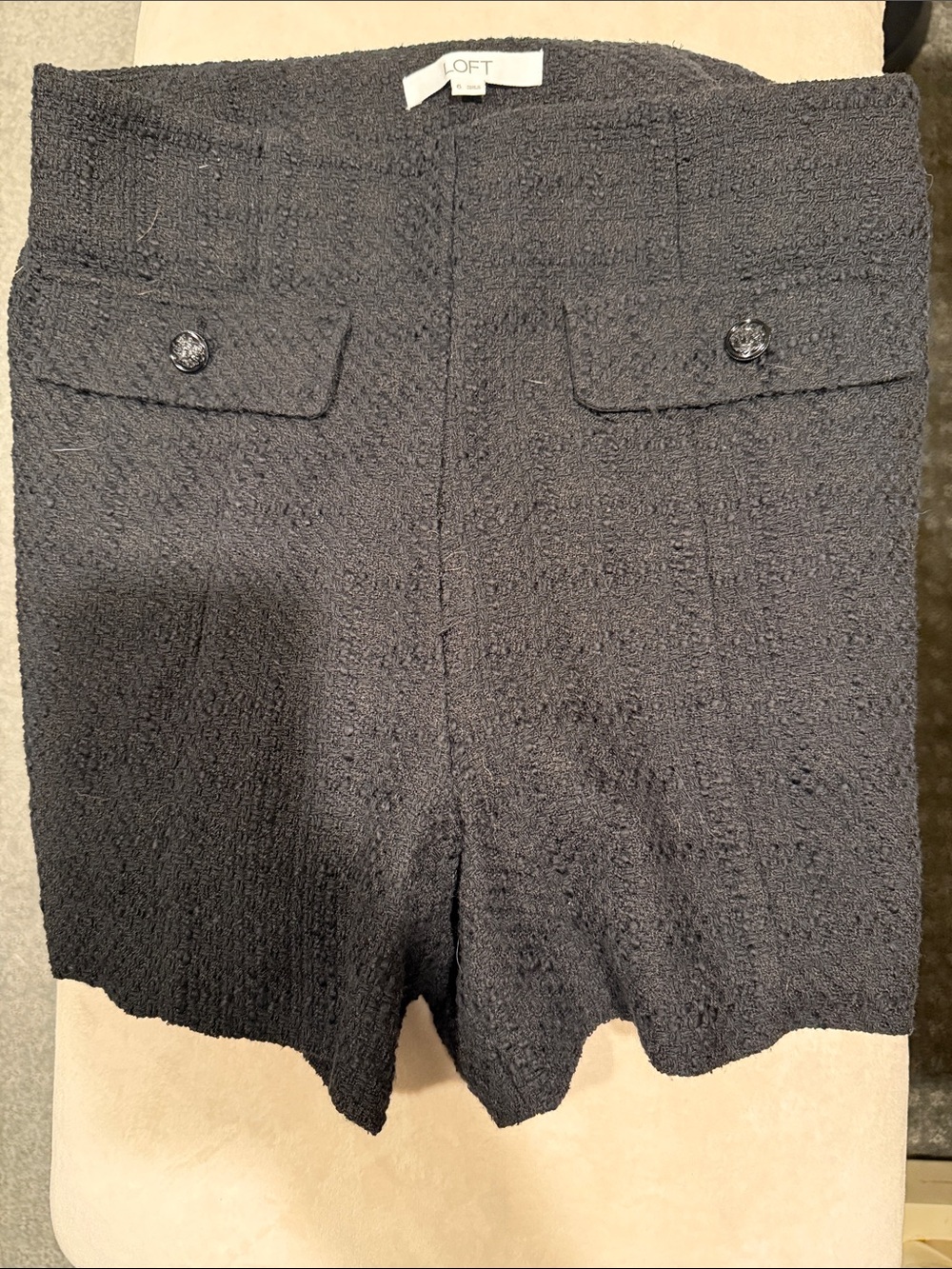 LOFT Black Tweed High-Waist Shorts with Front Flap Pockets
